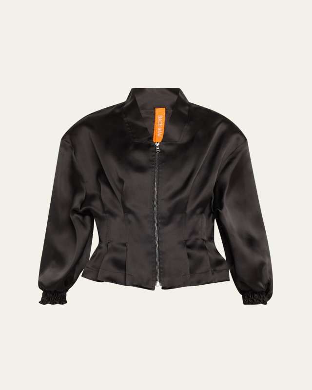 Nipped-Waist Peplum Silk Bomber Jacket